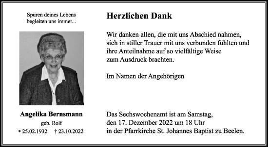 Traueranzeige von Angelika Bernsmann von Die Glocke