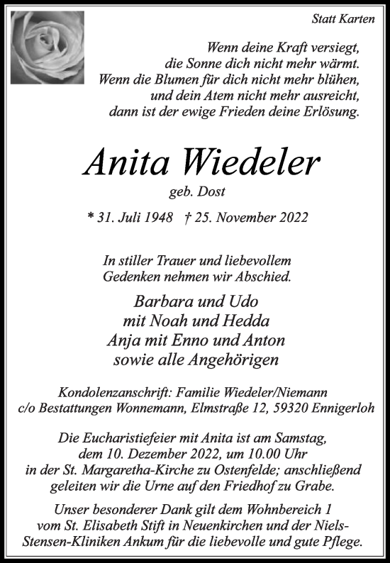 Traueranzeige von Anita Wiedeler von Die Glocke