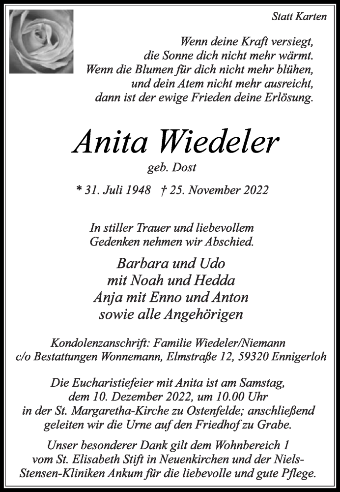  Traueranzeige für Anita Wiedeler vom 03.12.2022 aus Die Glocke