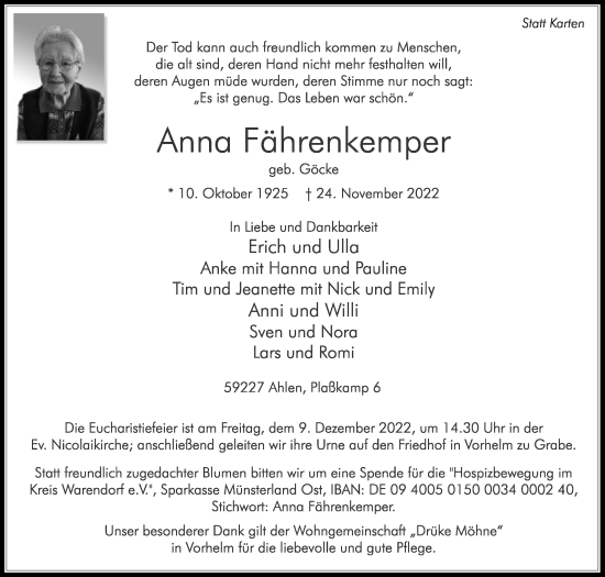 Traueranzeige von Anna Fährenkemper von Die Glocke