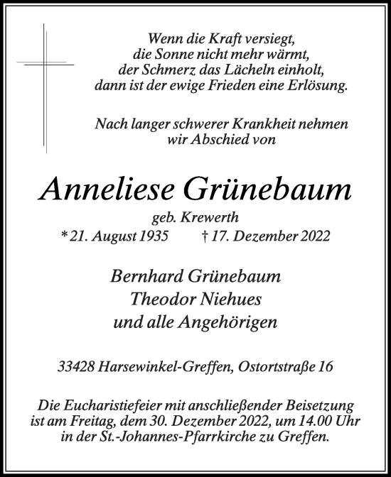 Traueranzeige von Anneliese Grünebaum von Die Glocke