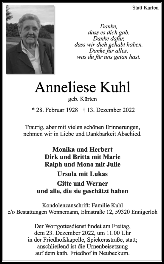 Traueranzeige von Anneliese Kuhl von Die Glocke