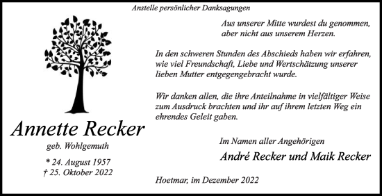 Traueranzeige von Annette Recker von Die Glocke