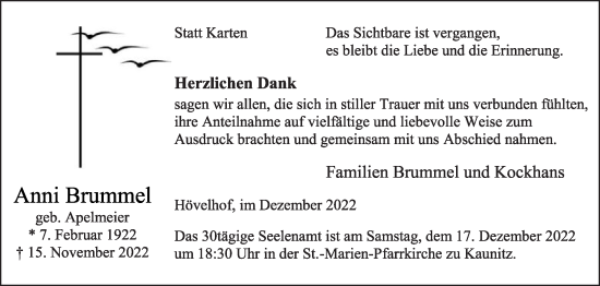 Traueranzeige von Anni Brummel von Die Glocke