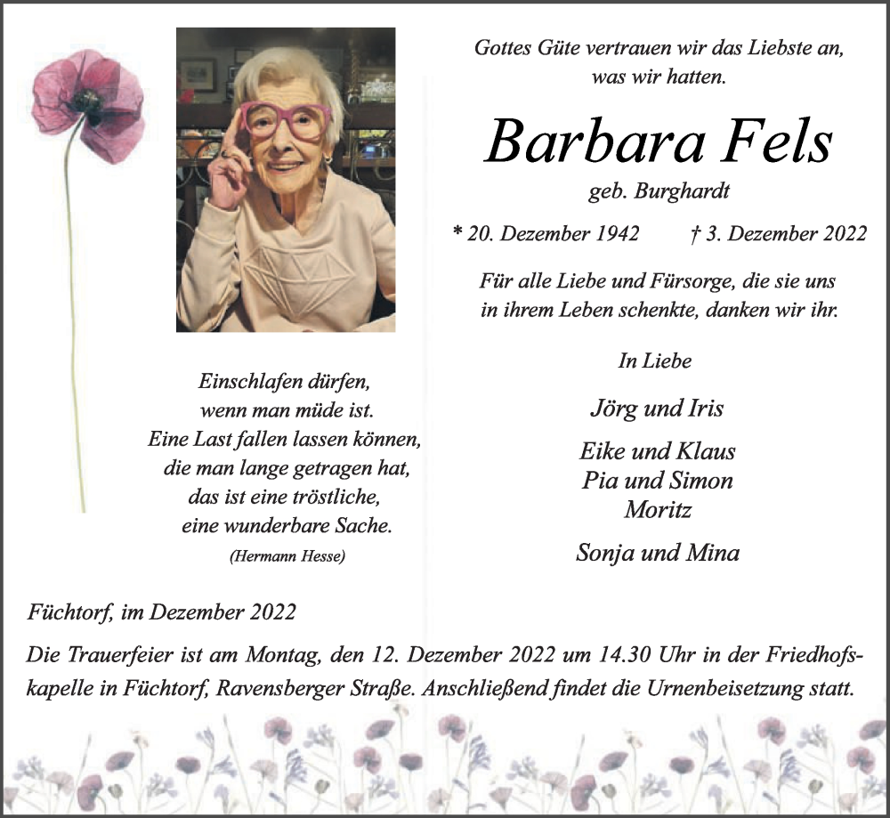  Traueranzeige für Barbara Fels vom 08.12.2022 aus Die Glocke