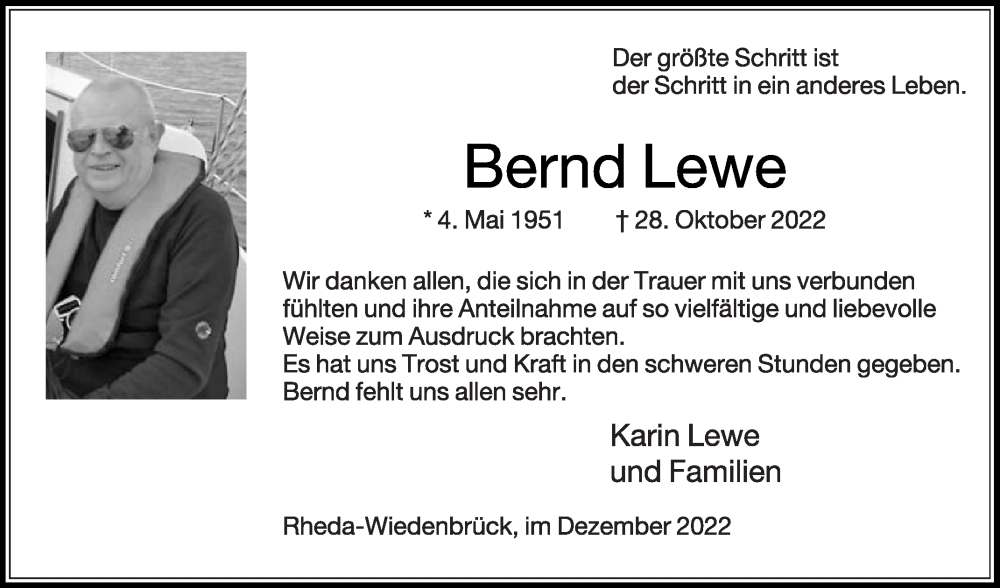  Traueranzeige für Bernd Lewe vom 14.12.2022 aus Die Glocke
