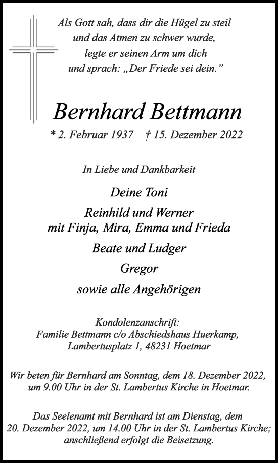 Traueranzeige von Bernhard Bettmann von Die Glocke