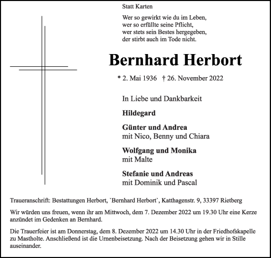 Traueranzeige von Bernhard Herbort von Die Glocke