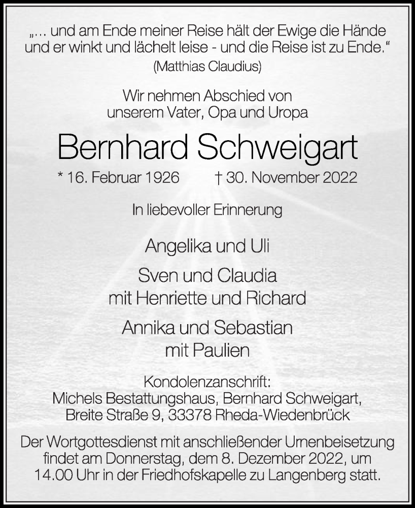  Traueranzeige für Bernhard Schweigart vom 03.12.2022 aus Die Glocke