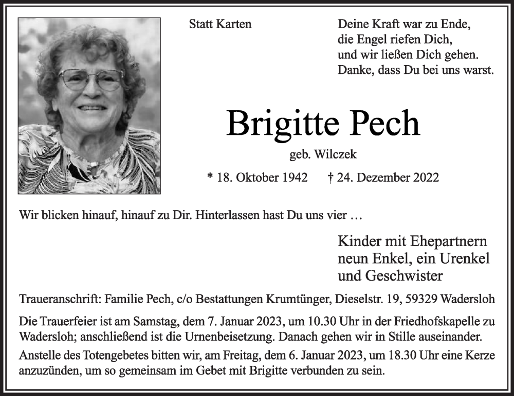  Traueranzeige für Brigitte Pech vom 31.12.2022 aus Die Glocke