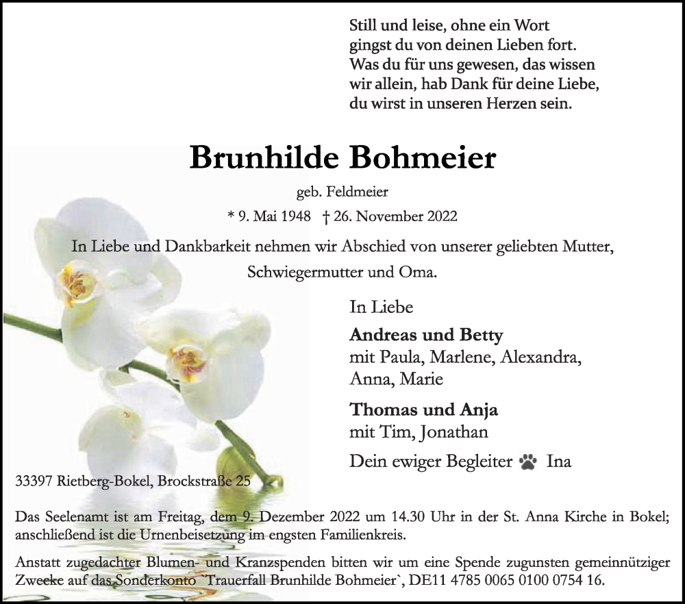  Traueranzeige für Brunhilde Bohmeier vom 03.12.2022 aus Die Glocke