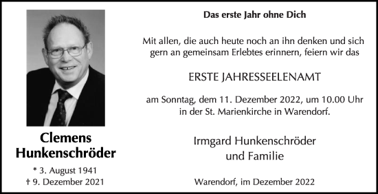 Traueranzeige von Clemens Hunkenschröder von Die Glocke