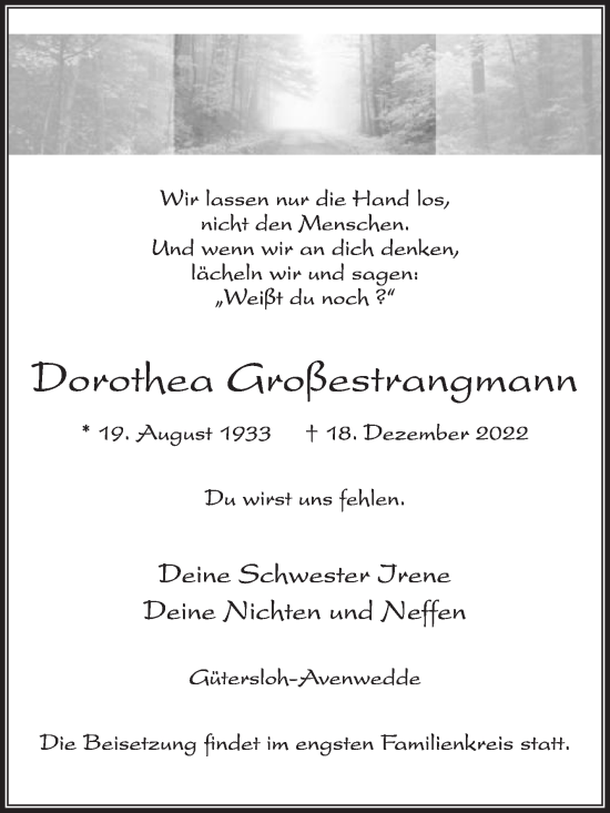 Traueranzeige von Dorothea Großestrangmann von Die Glocke
