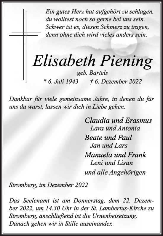 Traueranzeige von Elisabeth Piening von Die Glocke