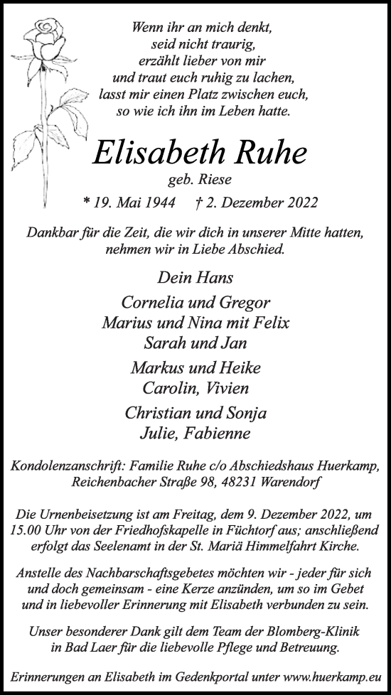 Traueranzeige von Elisabeth Ruhe von Die Glocke