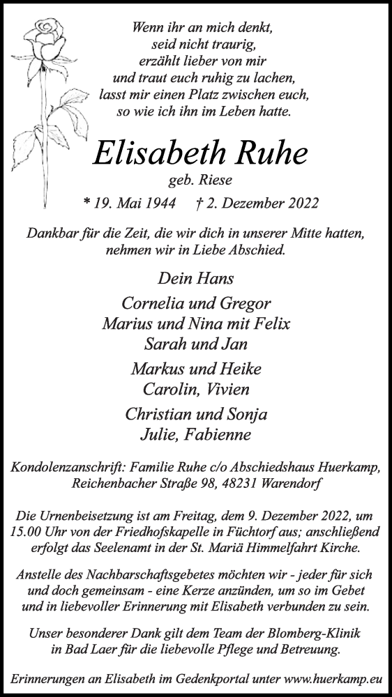  Traueranzeige für Elisabeth Ruhe vom 06.12.2022 aus Die Glocke