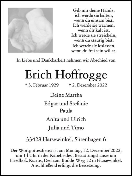 Traueranzeige von Erich Hoffrogge von Die Glocke