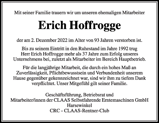 Traueranzeige von Erich Hoffrogge von Die Glocke