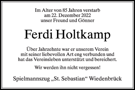 Traueranzeige von Ferdi Holtkamp von Die Glocke