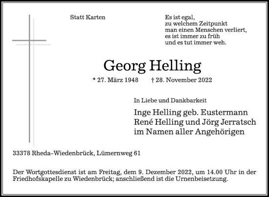 Traueranzeige von Georg Helling von Die Glocke