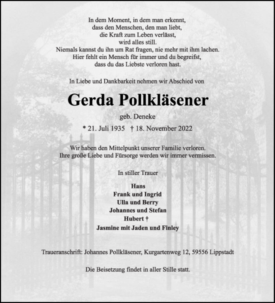 Traueranzeige von Gerda Pollkläsener von Die Glocke
