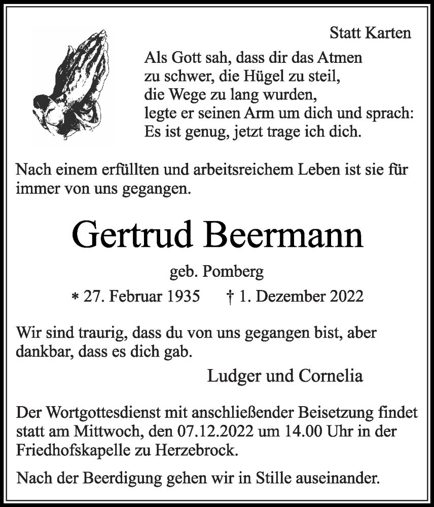  Traueranzeige für Gertrud Beermann vom 03.12.2022 aus Die Glocke