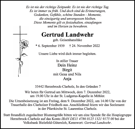 Traueranzeige von Gertrud Landwehr von Die Glocke