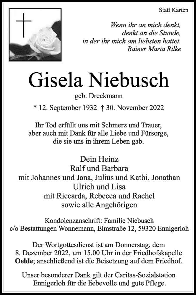 Traueranzeige für Gisela Niebusch vom 03.12.2022 aus Die Glocke