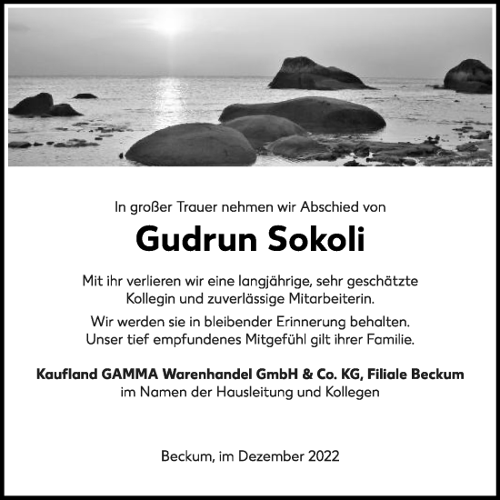 Traueranzeige von Gudrun Sokoli von Die Glocke