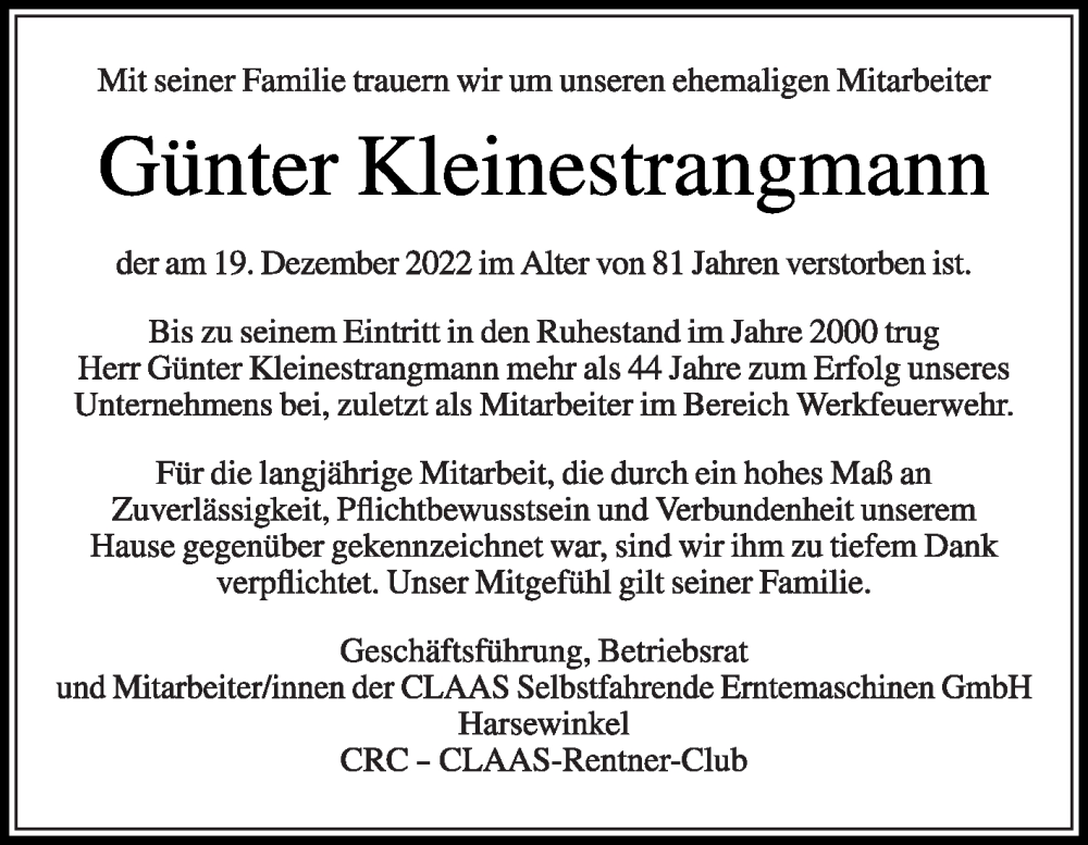  Traueranzeige für Günter Kleinestrangmann vom 22.12.2022 aus Die Glocke
