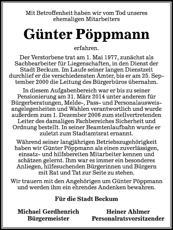 Traueranzeige von Günter Pöppmann von Die Glocke