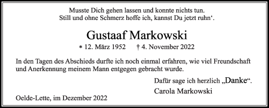 Traueranzeige von Gustaaf Markowski von Die Glocke