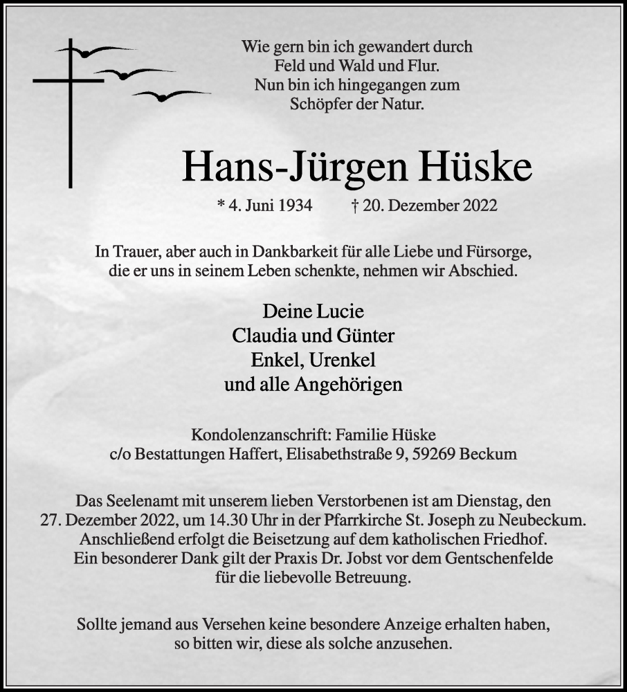  Traueranzeige für Hans-Jürgen Hüske vom 24.12.2022 aus Die Glocke