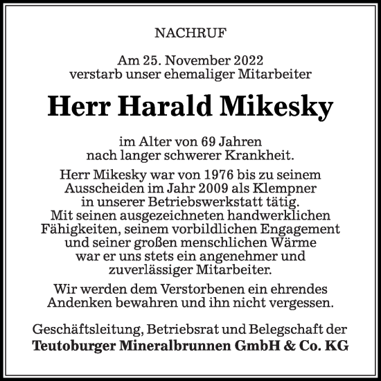 Traueranzeige von Harald Mikesky von Die Glocke