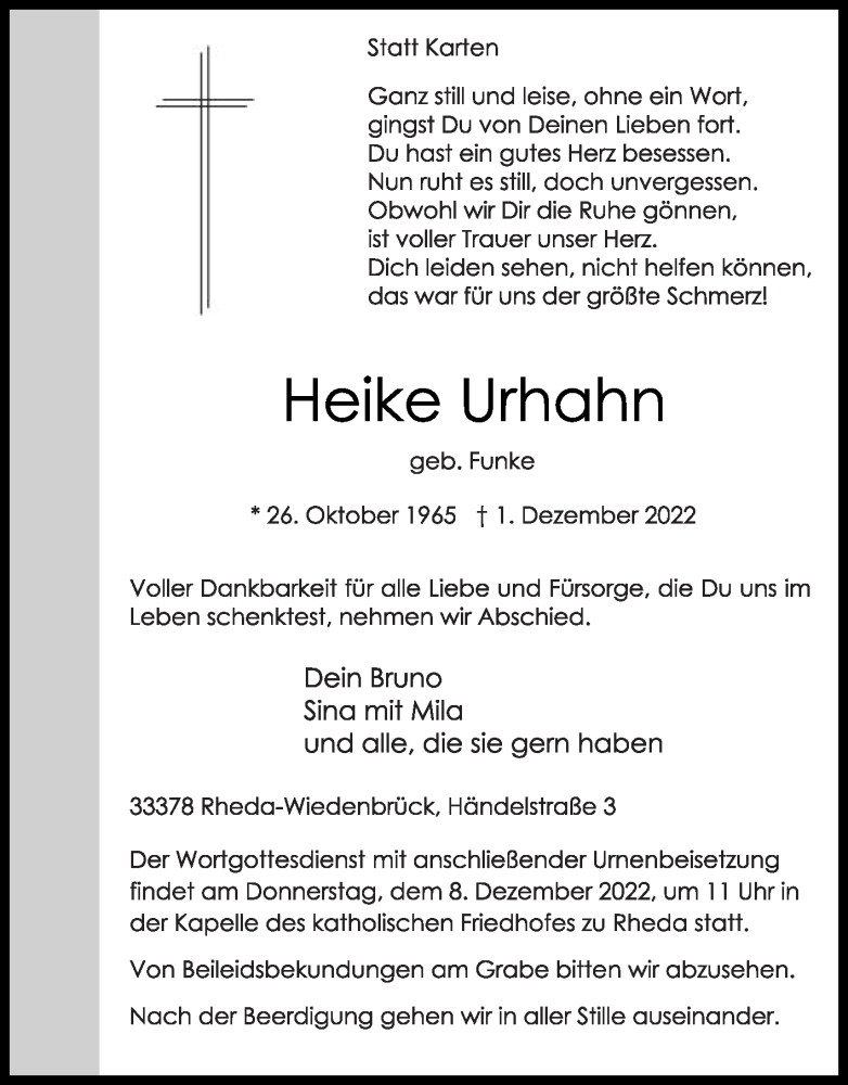  Traueranzeige für Heike Urhahn vom 05.12.2022 aus Die Glocke
