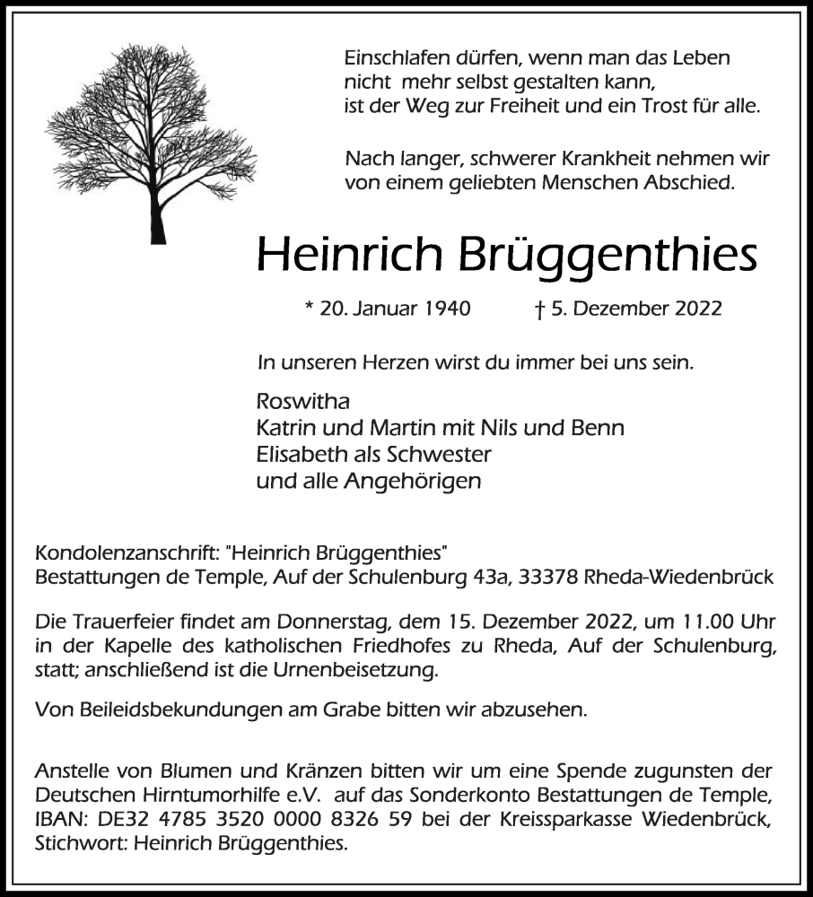  Traueranzeige für Heinrich Brüggenthies vom 10.12.2022 aus Die Glocke