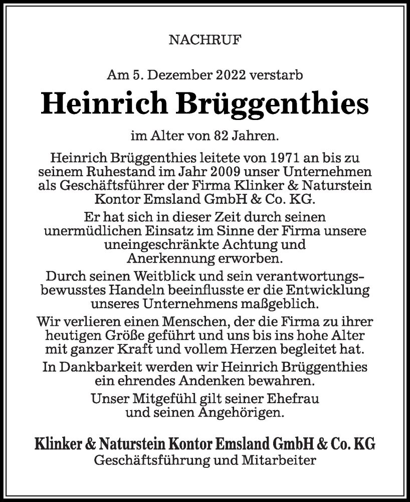  Traueranzeige für Heinrich Brüggenthies vom 10.12.2022 aus Die Glocke