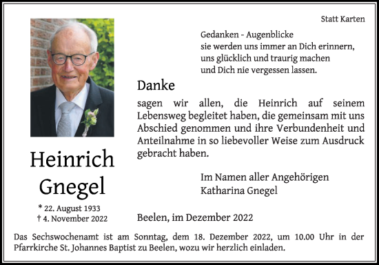 Traueranzeige von Heinrich Gnegel von Die Glocke
