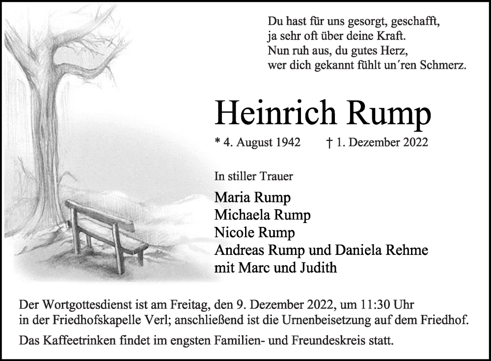  Traueranzeige für Heinrich Rump vom 06.12.2022 aus Die Glocke