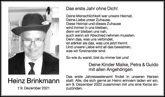 Traueranzeige von Heinz Brinkmann von Die Glocke