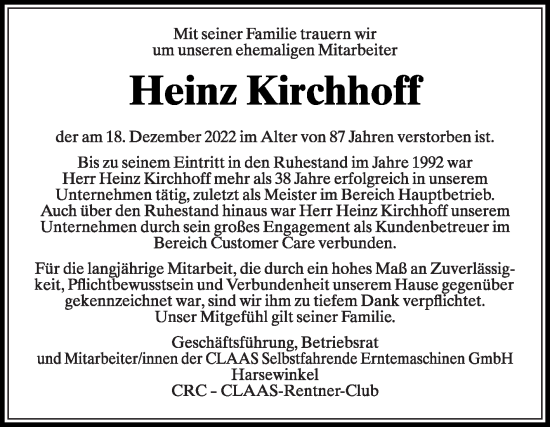 Traueranzeige von Heinz Kirchhoff von Die Glocke