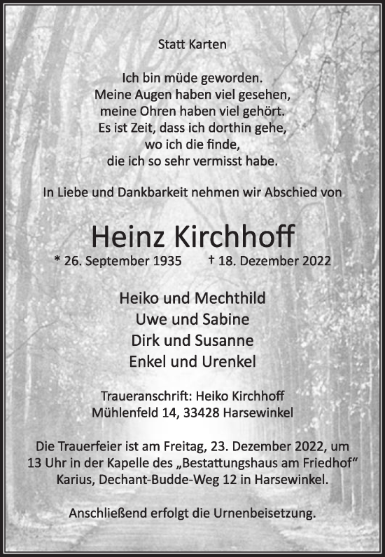 Traueranzeige von Heinz Kirchhoff von Die Glocke