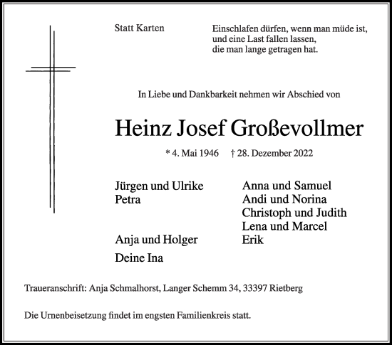 Traueranzeige von Heinz Josef Großevollmer von Die Glocke