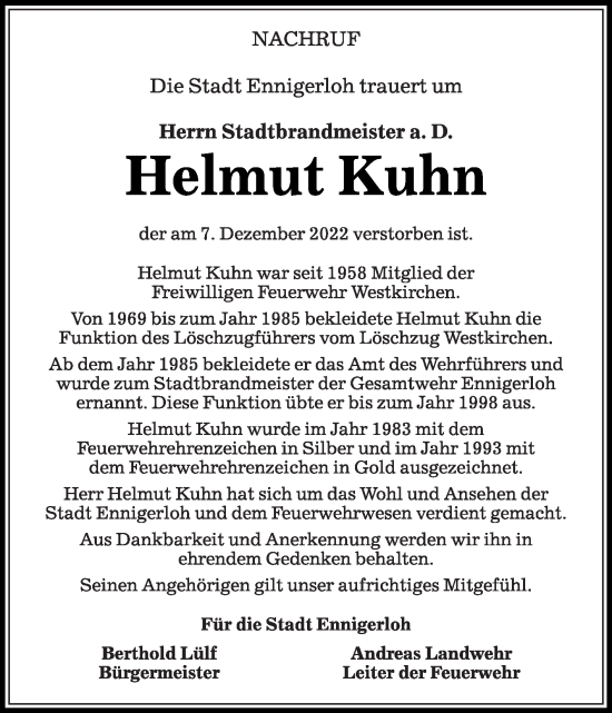 Traueranzeige von Helmut Kuhn von Die Glocke