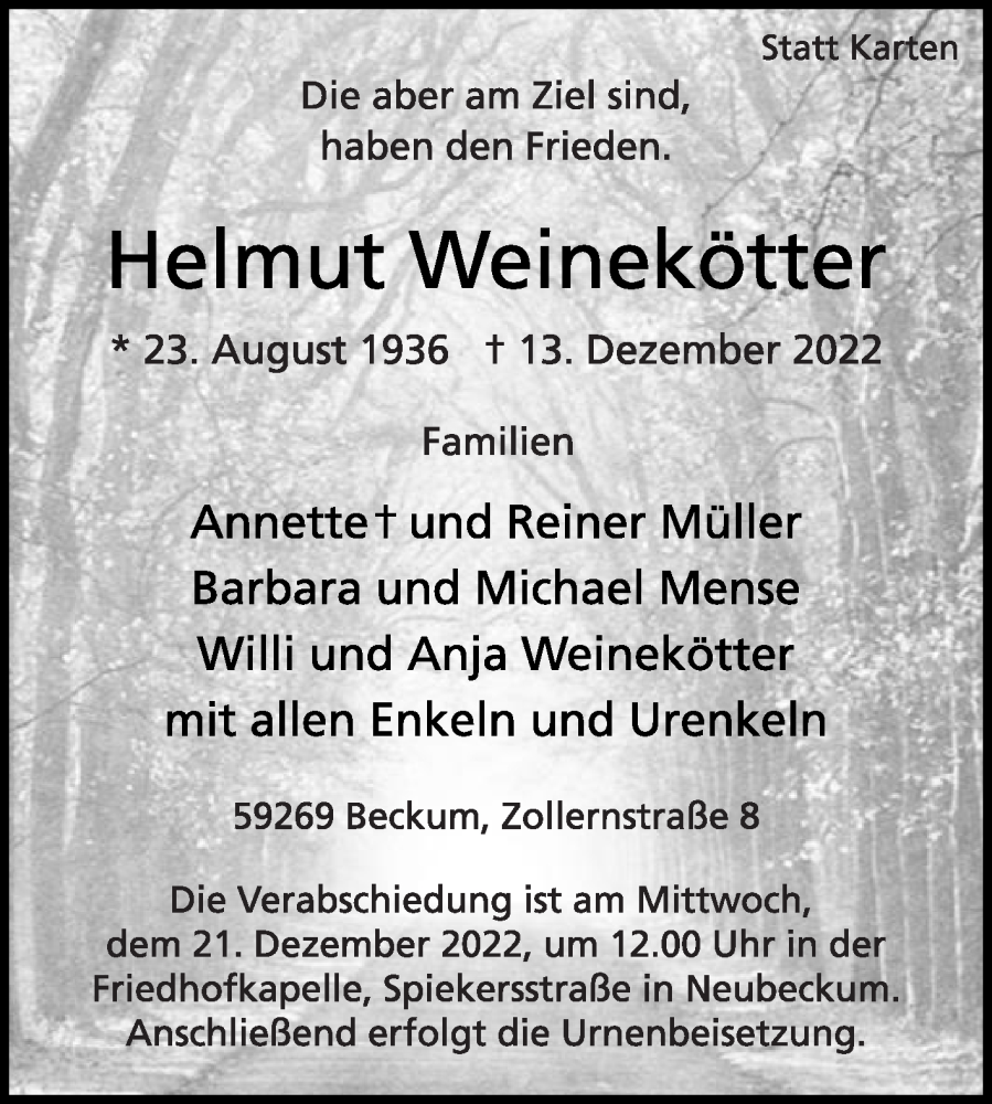  Traueranzeige für Helmut Weinekötter vom 17.12.2022 aus Die Glocke