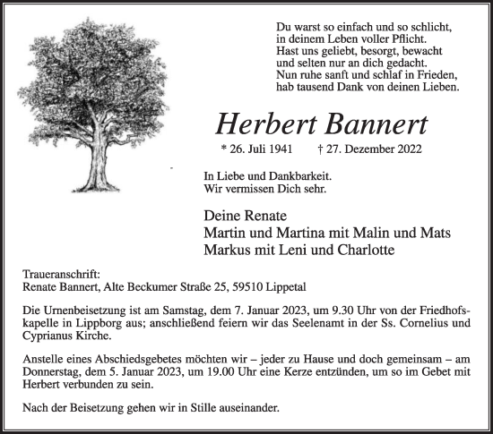 Traueranzeige von Herbert Bannert von Die Glocke