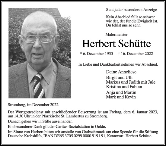 Traueranzeige von Herbert Schütte von Die Glocke