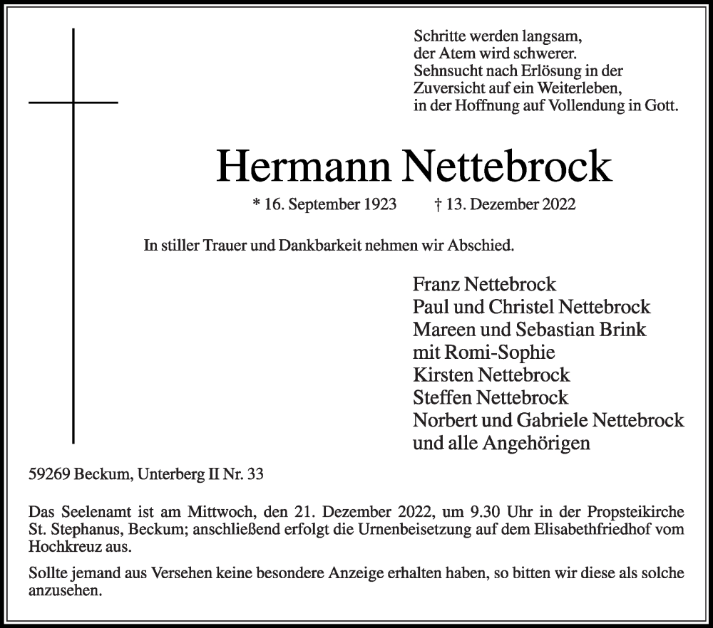  Traueranzeige für Hermann Nettebrock vom 17.12.2022 aus Die Glocke