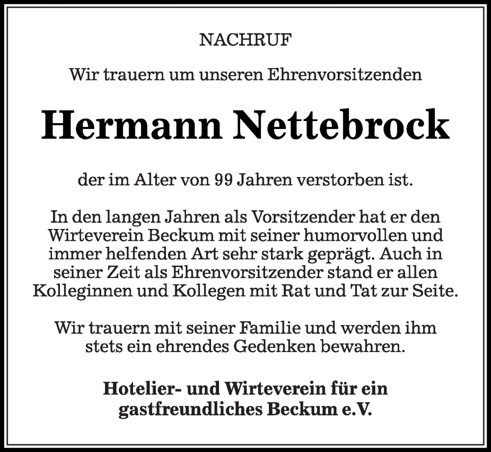  Traueranzeige für Hermann Nettebrock vom 17.12.2022 aus Die Glocke