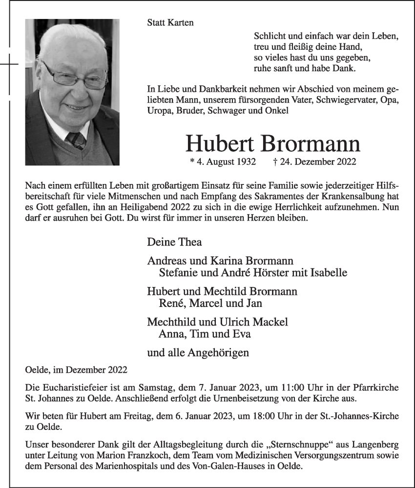  Traueranzeige für Hubert Brormann vom 31.12.2022 aus Die Glocke